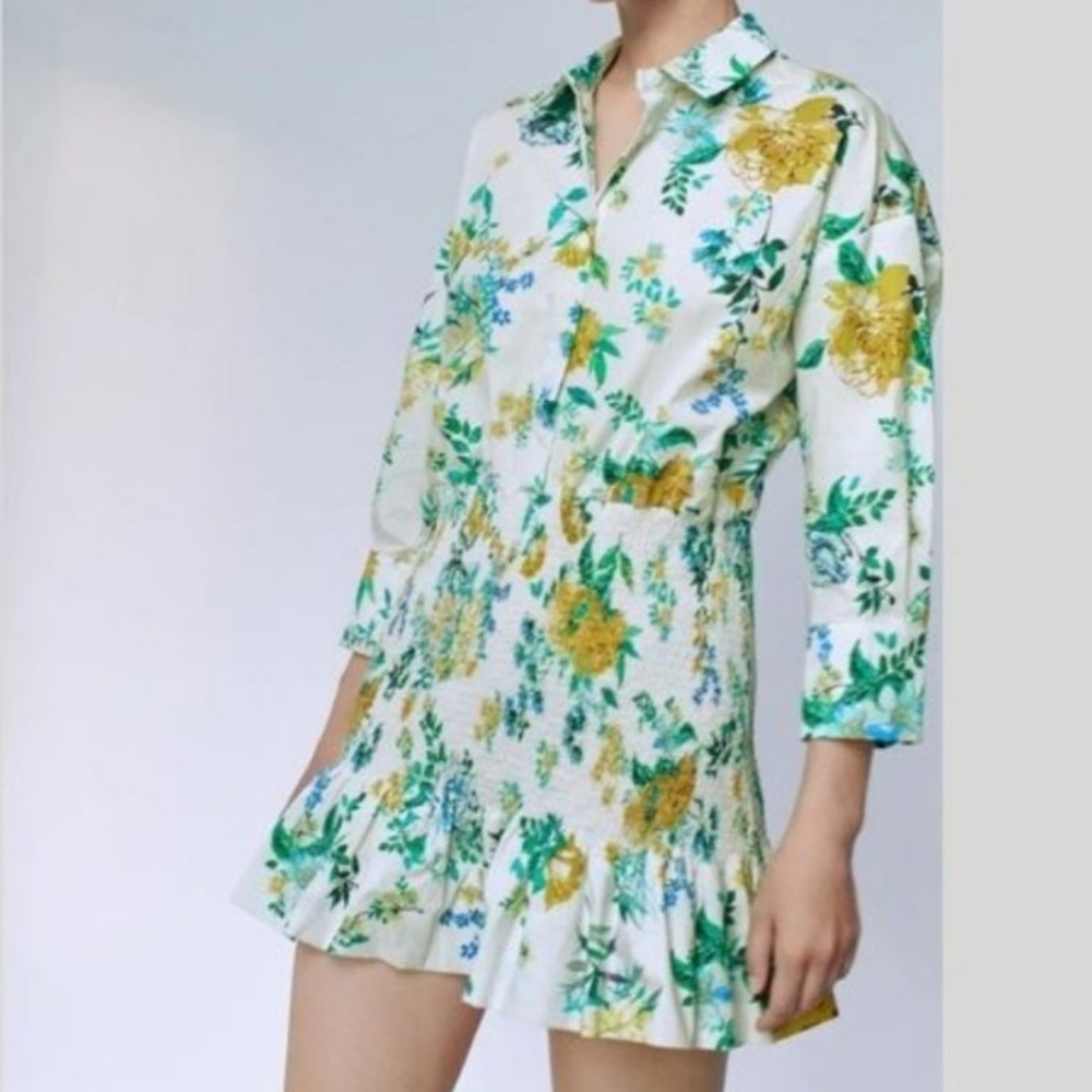 Zara  yellow spring  long dleeve Floral Smocked Skirt Dress